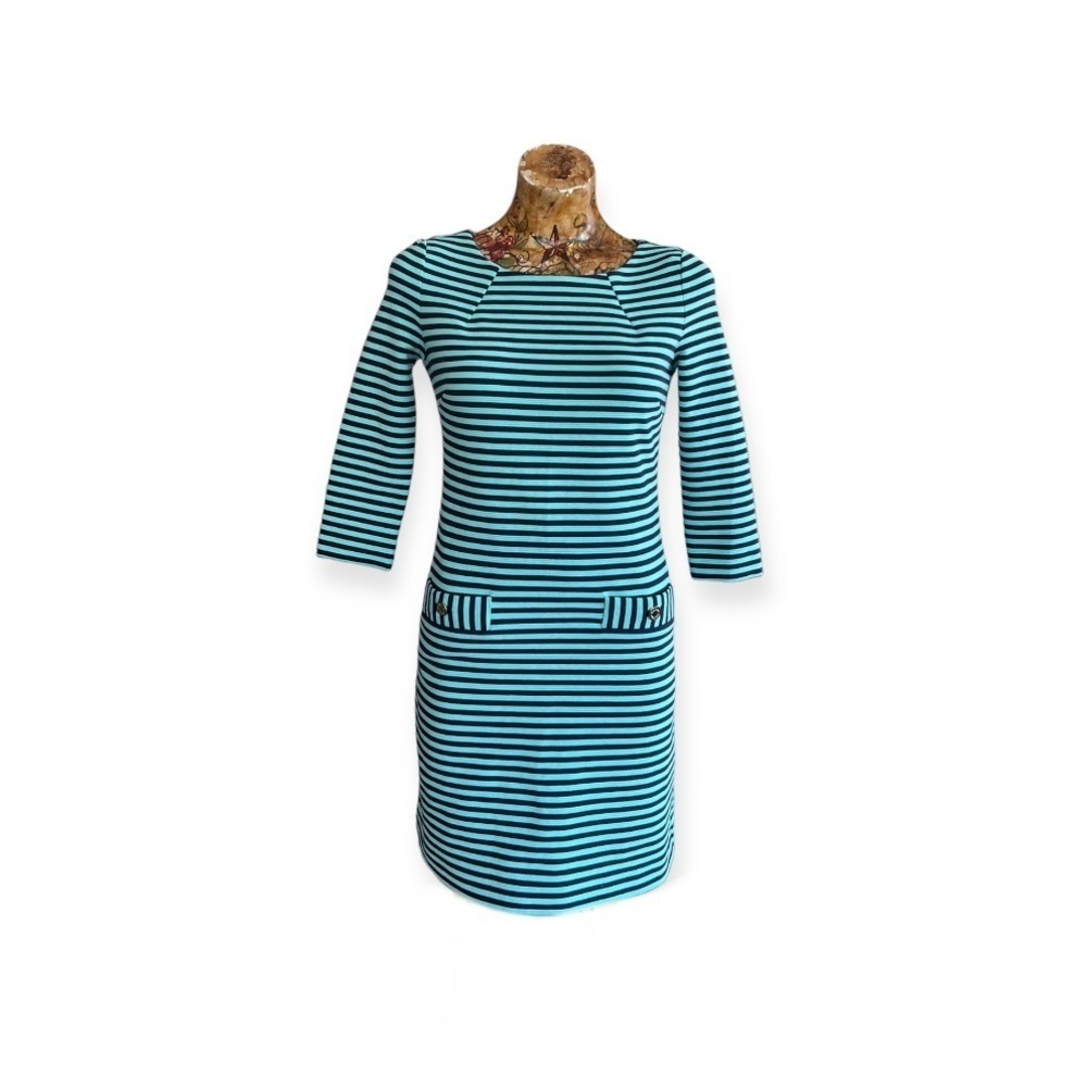 Lilly Pulitzer dress green blue striped mod XS 3/4 sleeves